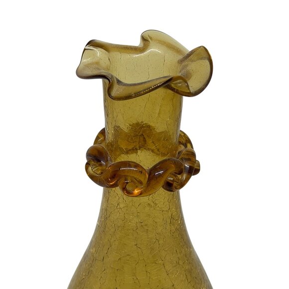 Vintage MCM Amber Blown Art Glass Crackle Vase Ruffled Neck 7.5" Textured Decor - Picture 3 of 7
